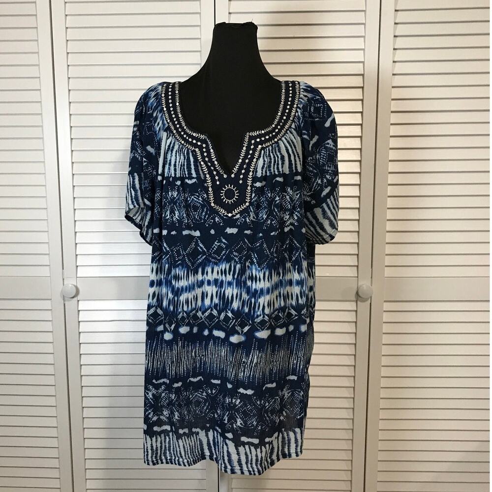 Tantrums Boho Navy Blue Silver Embroidered Short Sleeve Tunic Blouse XL